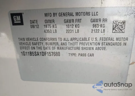 2013 Chevrolet Malibu 1Ls z USA, uszkodzony, nr VIN 1G11B5SA1DF157680